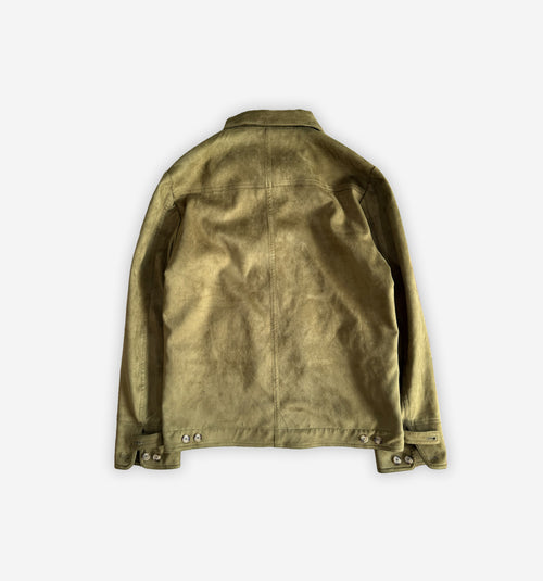 Back view of 2K WRLD Suede Jacket V2 in tan, showing smooth suede texture and stylish fit on a mannequin.