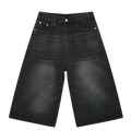 Black and grey Renegade Jorts by 2KWRLD featuring distressed denim and a casual, stylish fit.