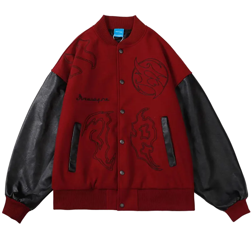 Black men's varsity jacket by 2KWRLD with striped cuffs, ribbed collar, and snap button closure, casual athletic style