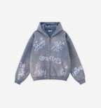 Black graffiti zip-up jacket from 2KWRLD featuring bold street art designs on the front and sleeves.