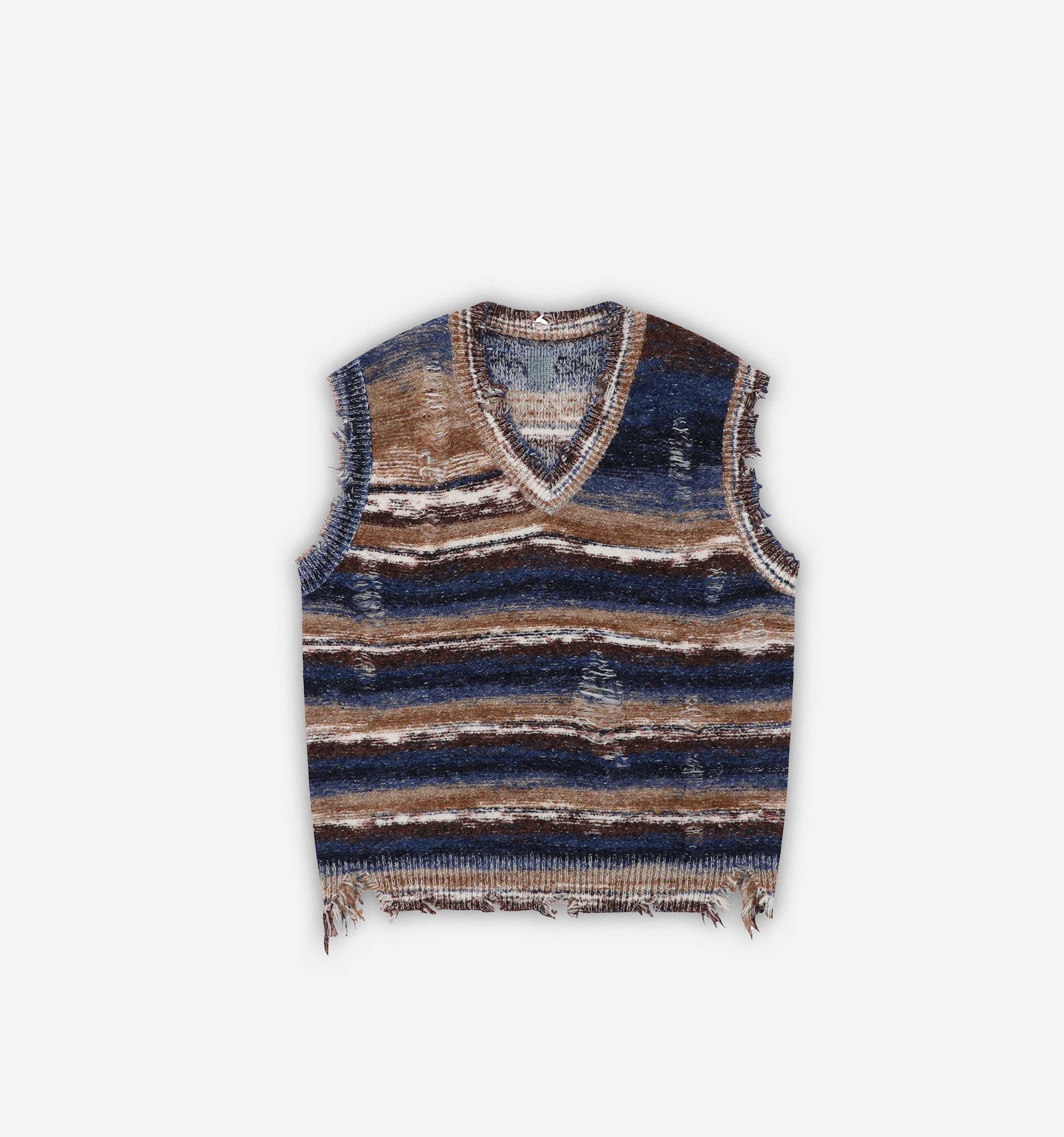 Distressed Striped Knitted Vest - 2K WRLD