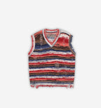 Blue distressed striped knitted vest by 2KWRLD featuring a relaxed fit and textured knit pattern.