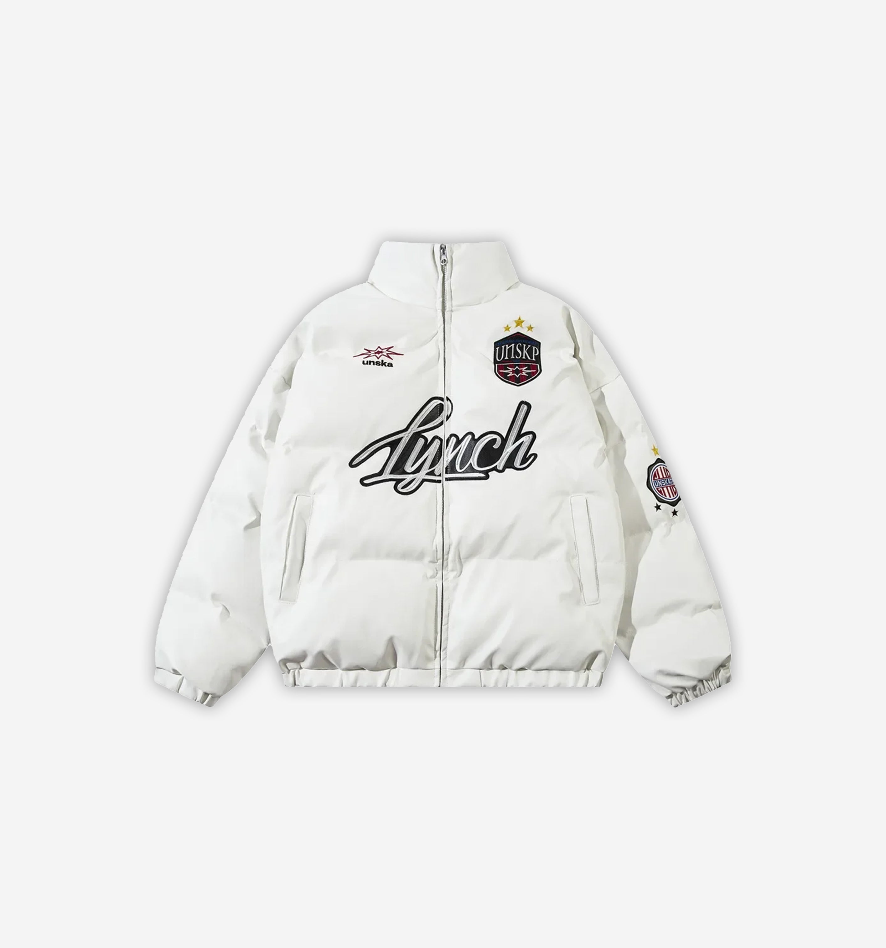 Blue Lynch Puffer Jacket by 2KWRLD, featuring a quilted design and stand-up collar, displayed on a hanger.