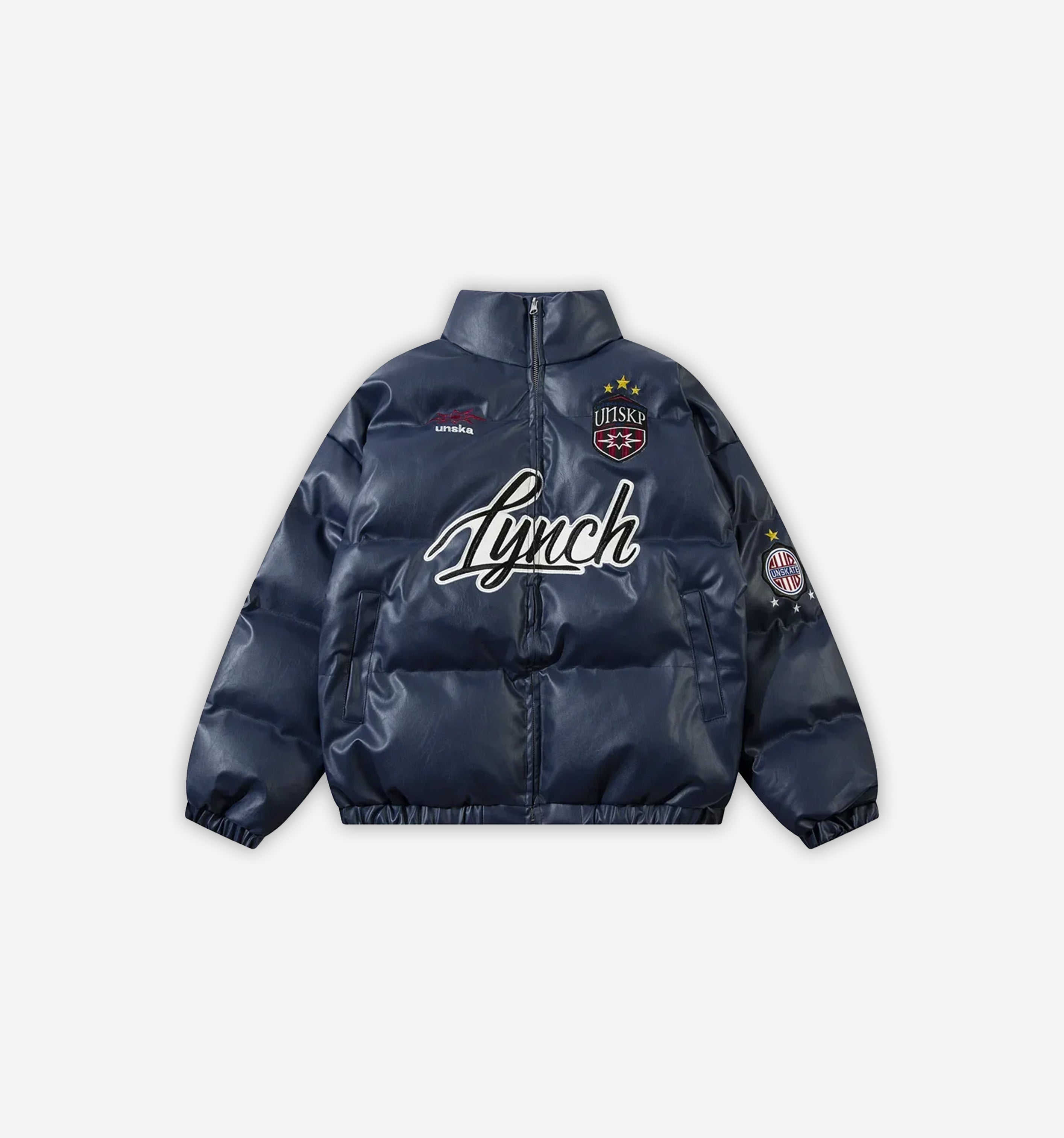 Blue Lynch Puffer Jacket by 2KWRLD, showing a winter-ready insulated jacket with a high collar and quilted design.