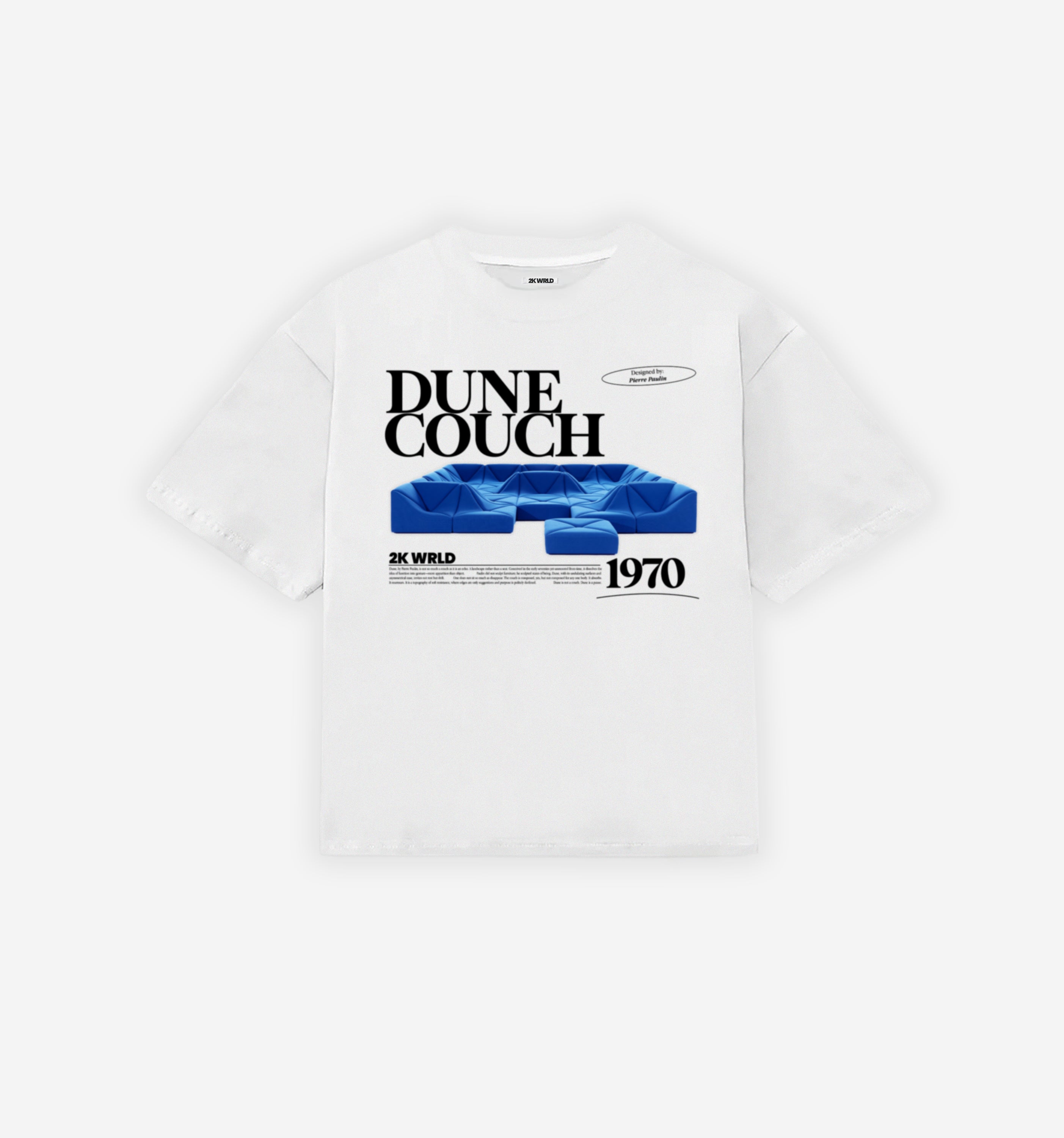 White crew neck T-shirt with a graphic print of the 'Dune Couch' and the text '1970'.