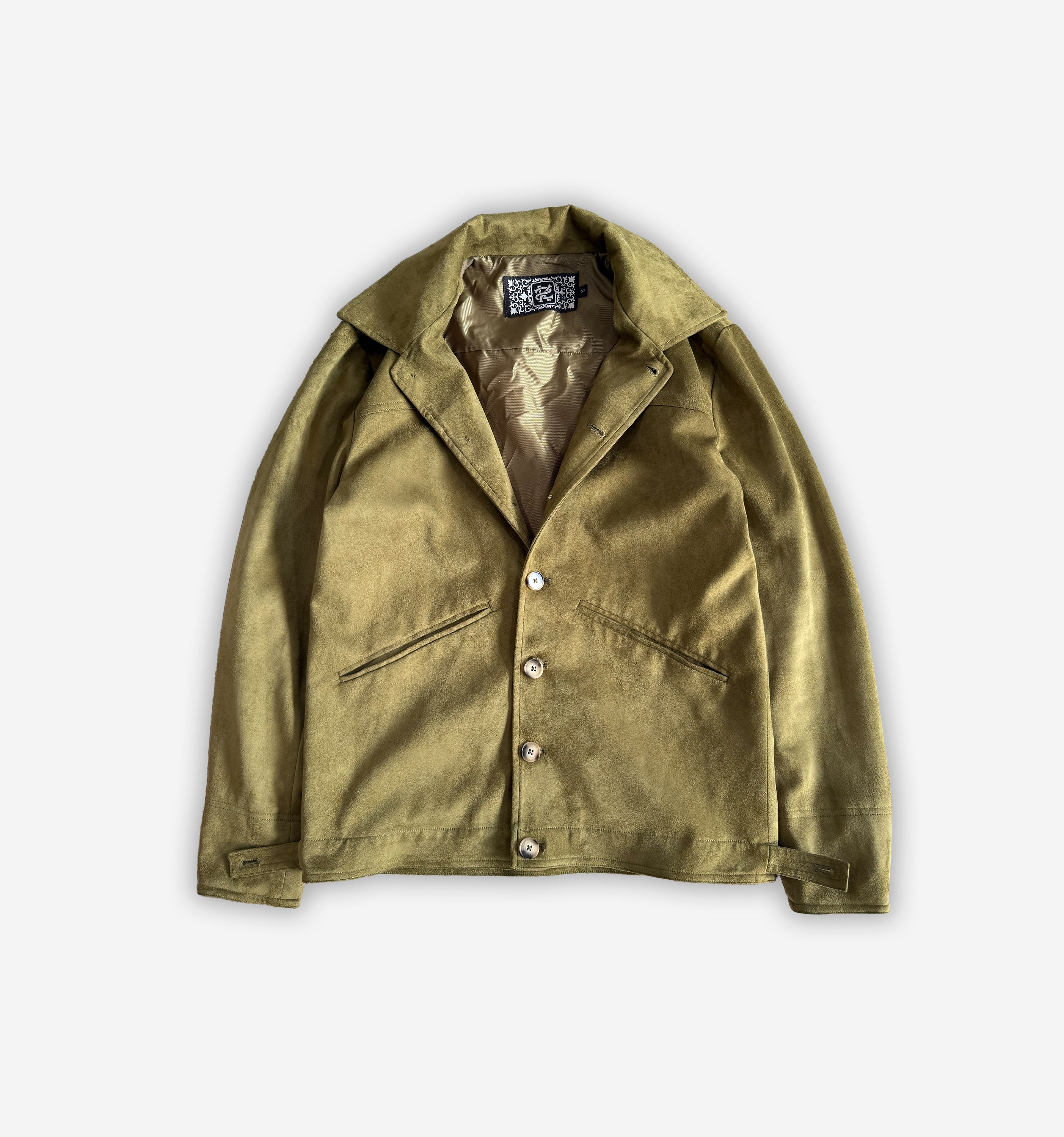 Front view of a stylish 2K WRLD Suede Jacket V2 in rich brown suede with a classic collar and zip closure.
