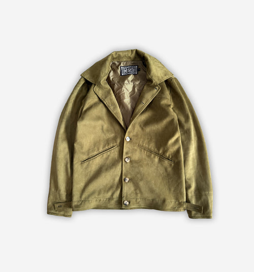 Front view of a stylish 2K WRLD Suede Jacket V2 in rich brown suede with a classic collar and zip closure.