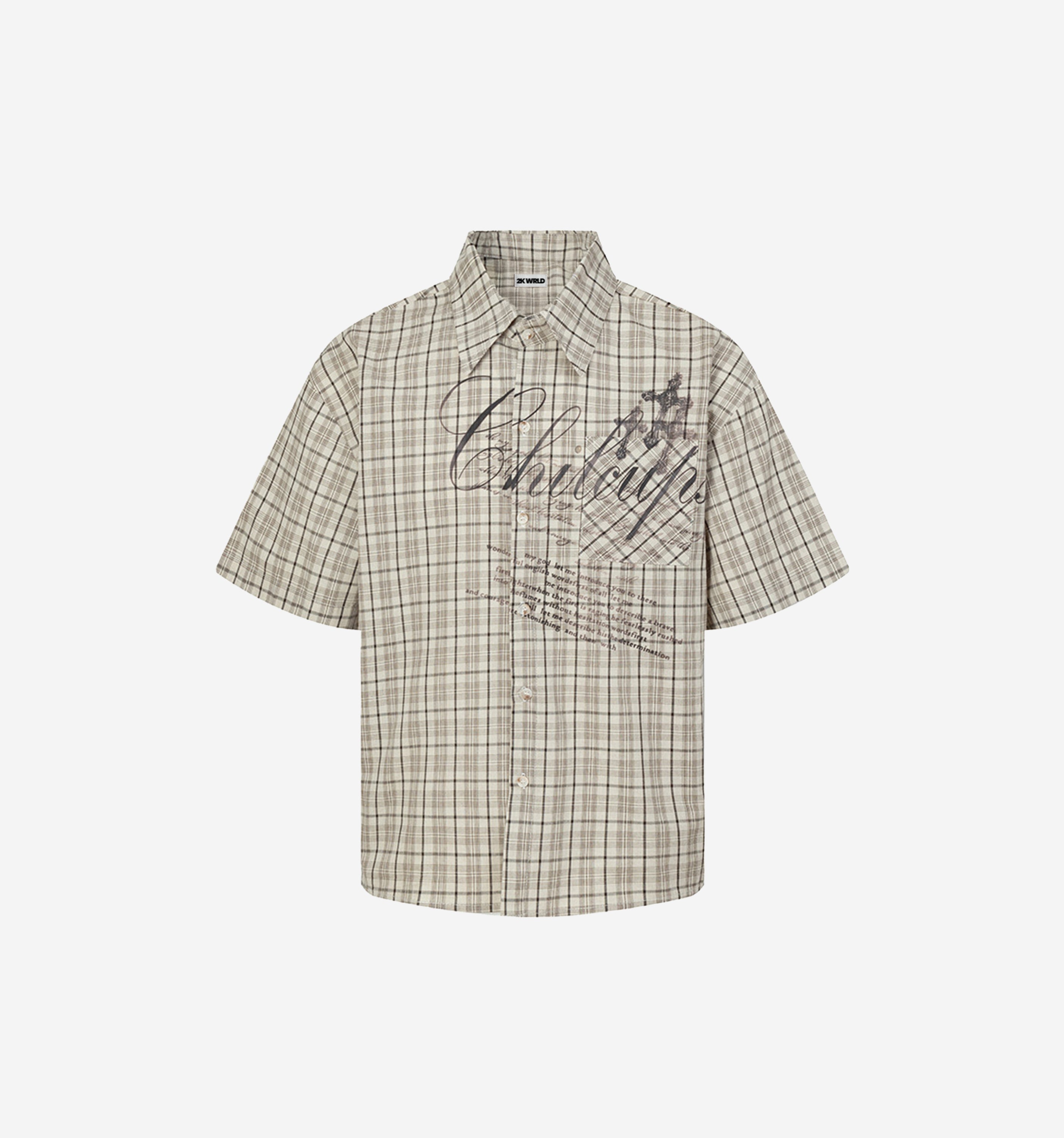 Plaid shirt with branding on a white background