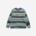 Green striped knit sweater by 2KWRLD, featuring a cozy, ribbed knit texture and classic striped pattern.