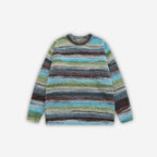 Green striped knit sweater by 2KWRLD, featuring a cozy, ribbed knit texture and classic striped pattern.