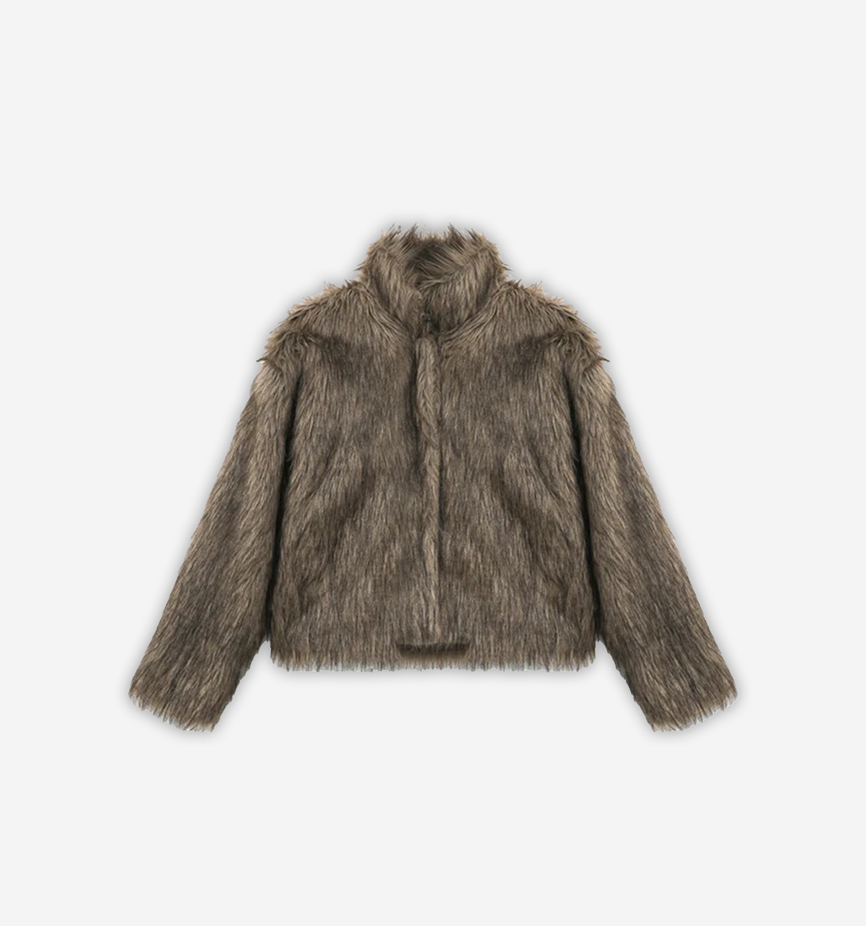 Khaki faux fur jacket by 2KWRLD featuring a plush, soft texture and stylish design for a cozy winter look.