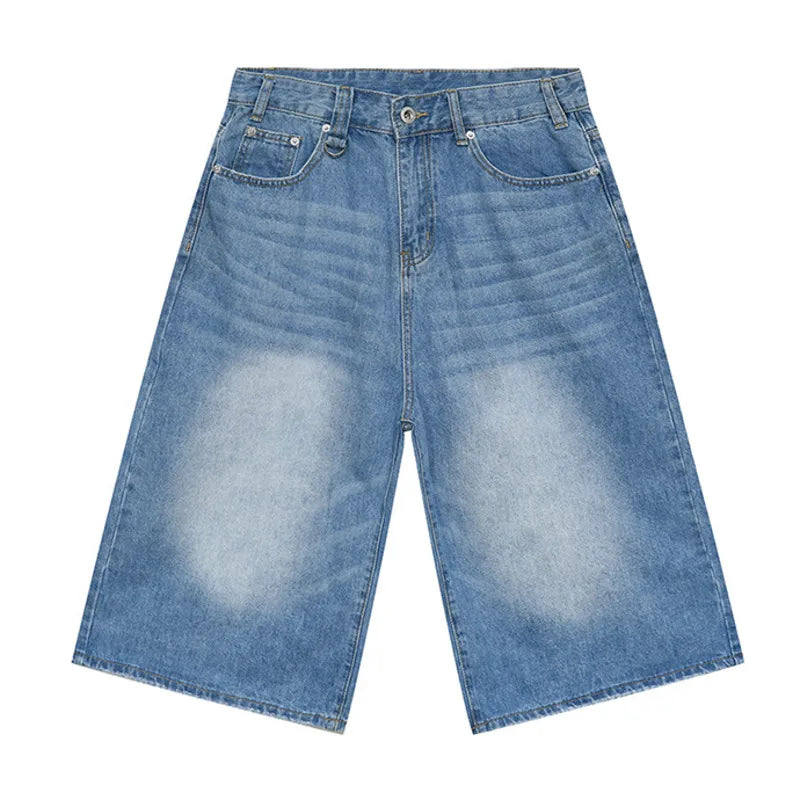 Light-blue Revolt Jorts by 2KWRLD featuring distressed denim and a relaxed fit, perfect for casual summer wear.