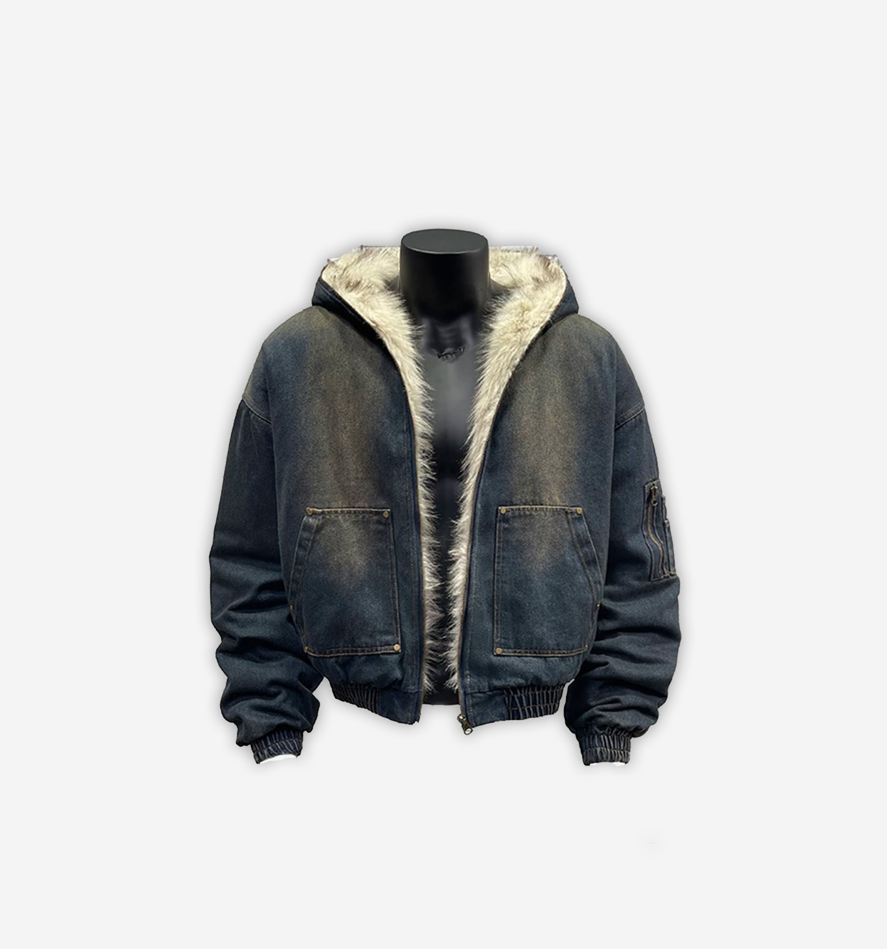 2KWRLD fur workwear jacket with durable fabric and cozy fur lining, designed for cold weather work conditions.