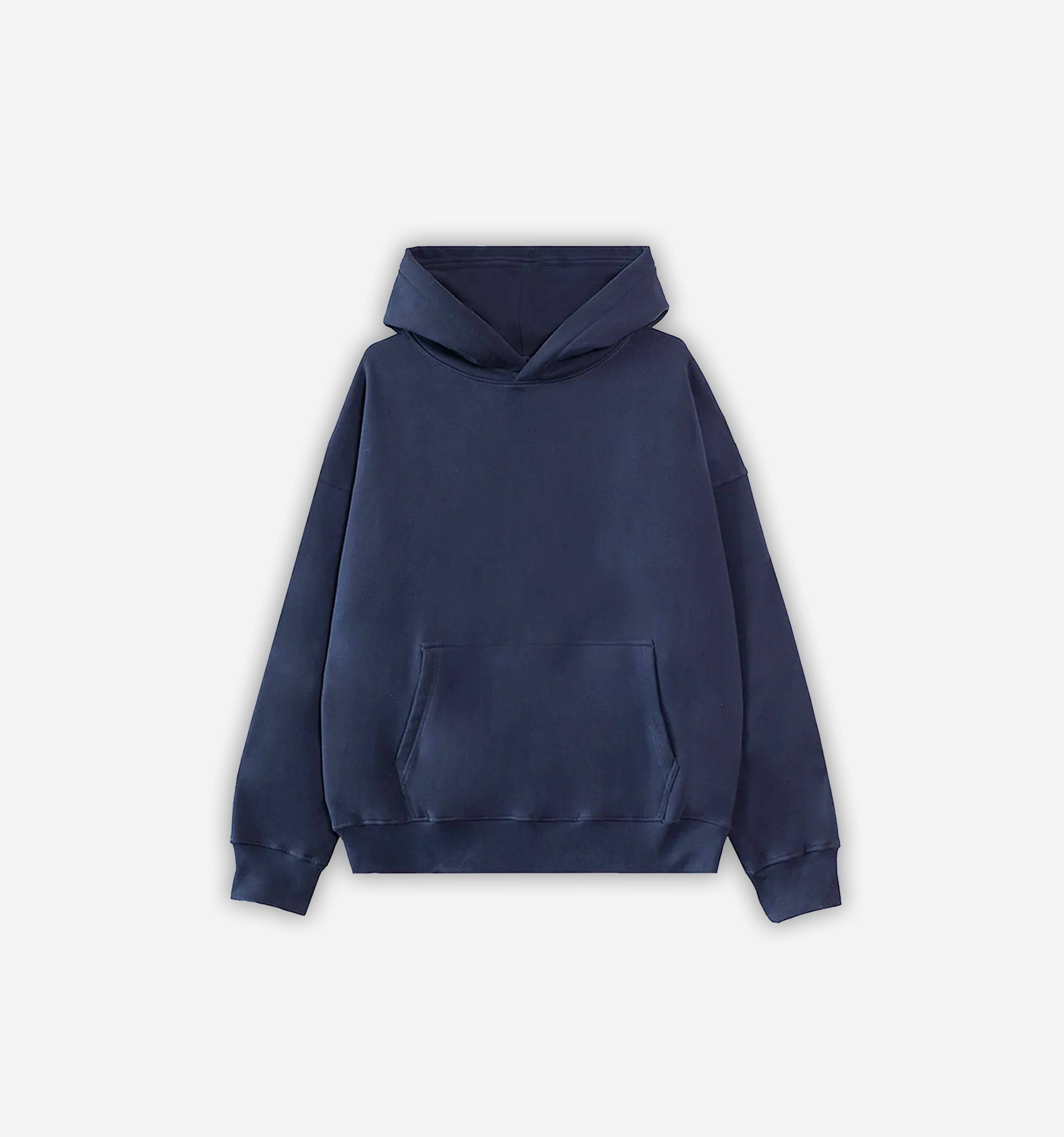 Navy blue hoodie on a light gray background