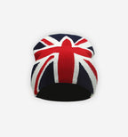 Red, white, and blue Union Jack beanie by 2KWRLD, featuring a snug, one-size-fits-all knit hat with Union Jack flag pattern.