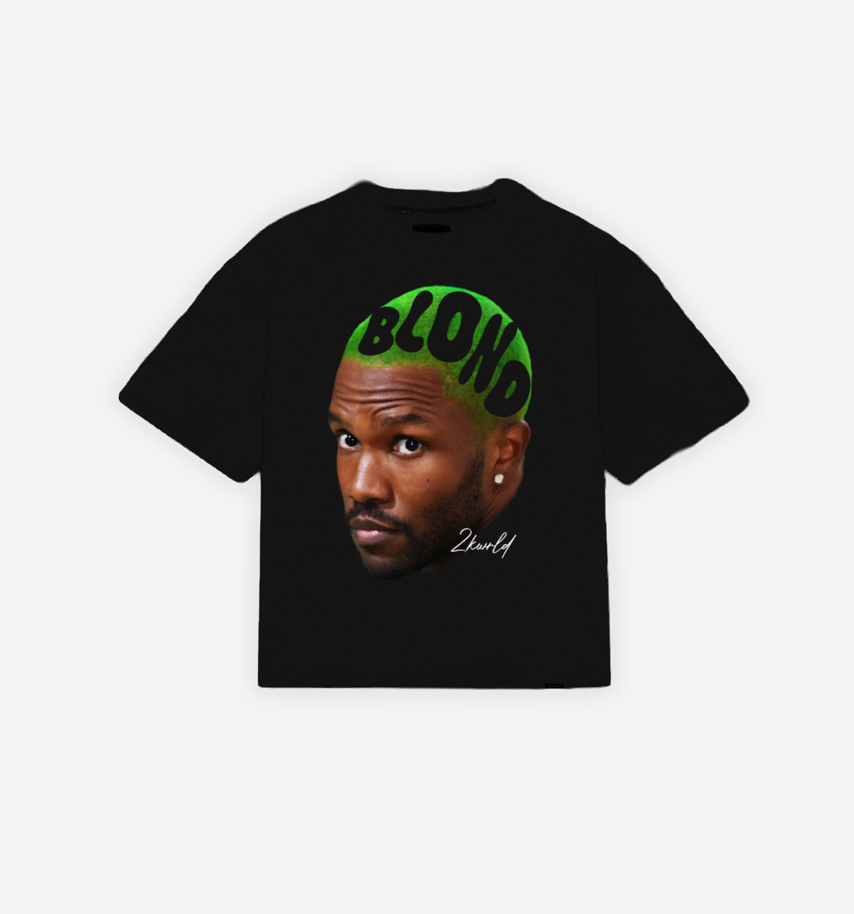 Black t-shirt with a graphic of a person with green hair and the word 'BLOND' on a black background