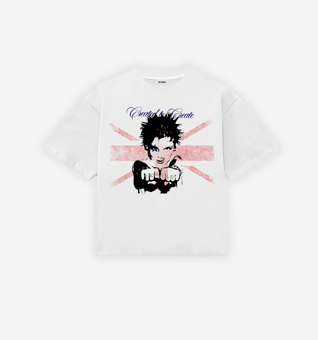White t-shirt with graphic design of a person with dark hair and a British flag, on a white background.