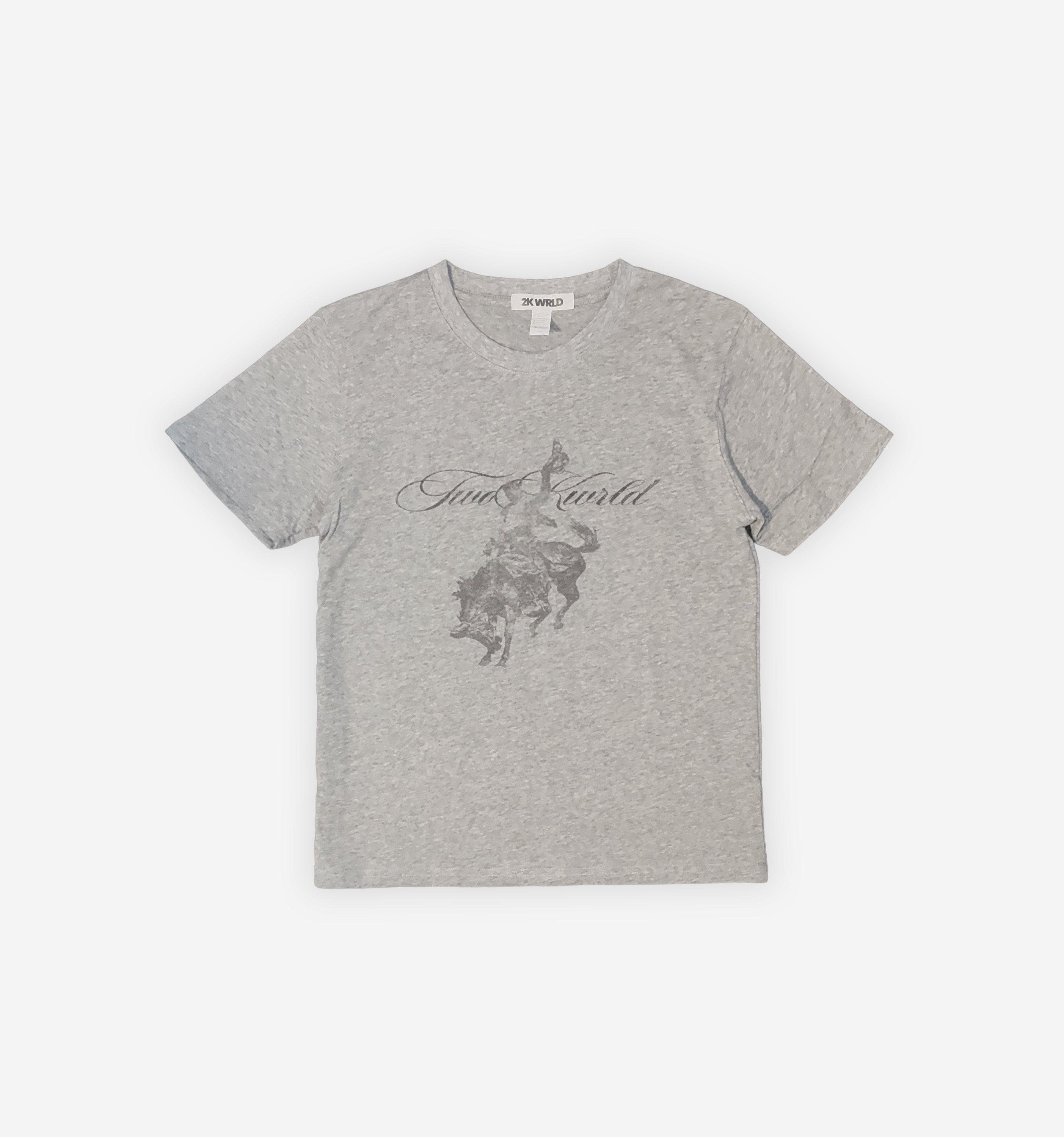 Gray t-shirt with graphic design on a white background