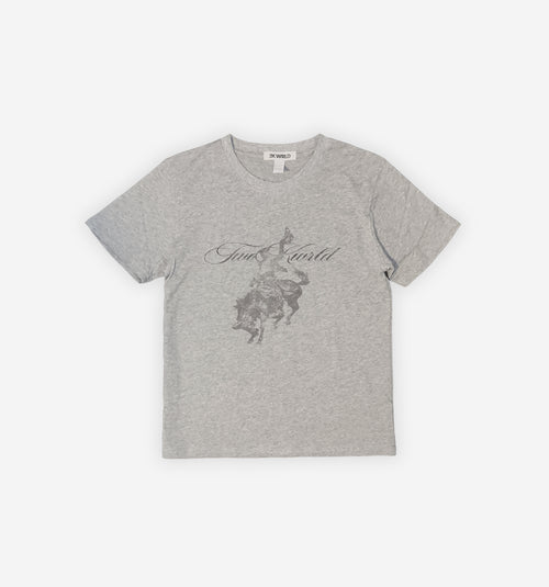 Gray t-shirt with graphic design on a white background