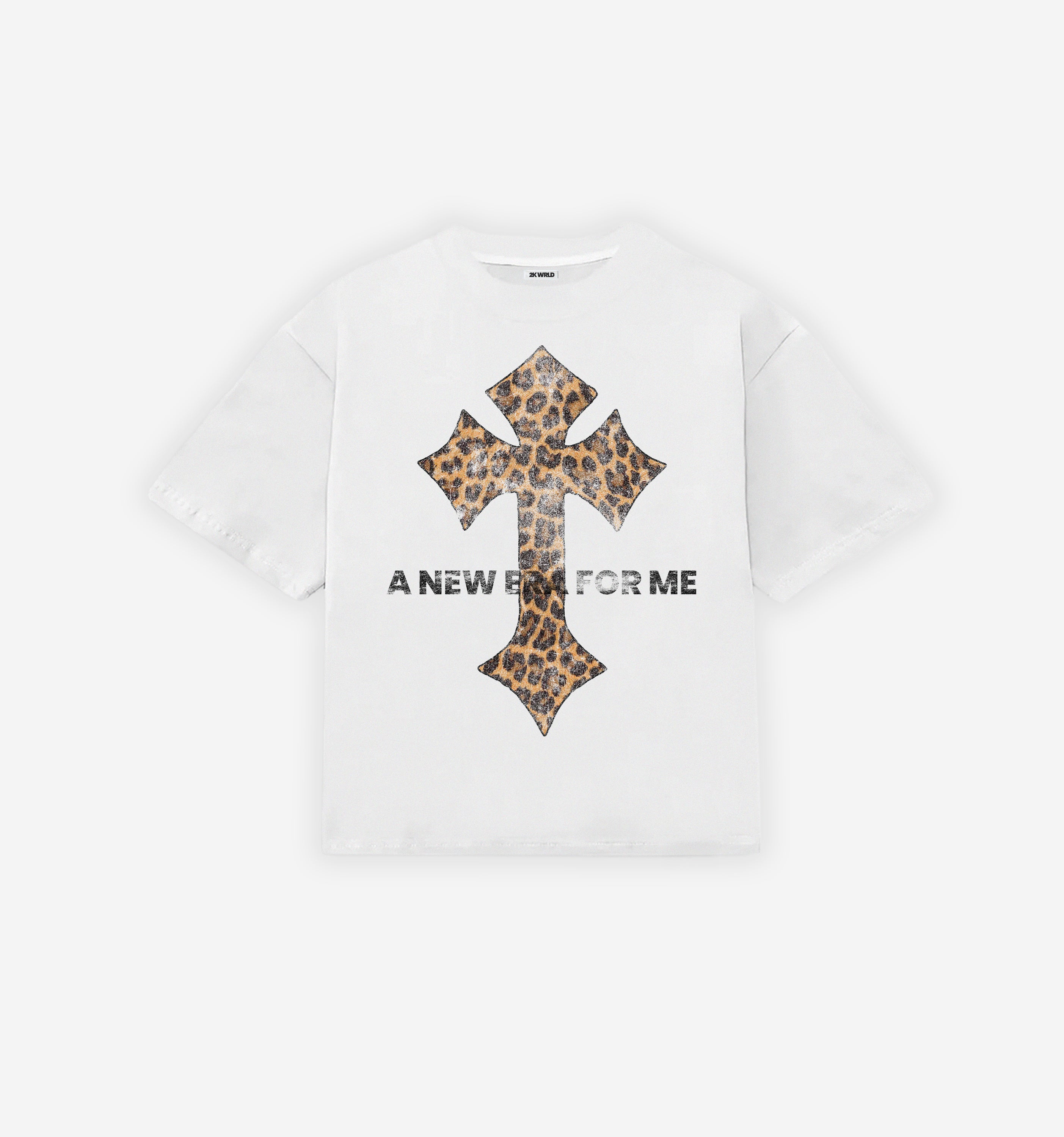 White sweatshirt with leopard print cross design and text on a white background