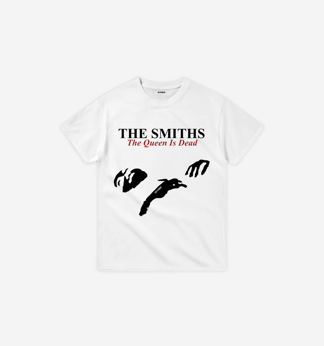 White t-shirt with 'The Smiths The Queen Is Dead' design on a white background