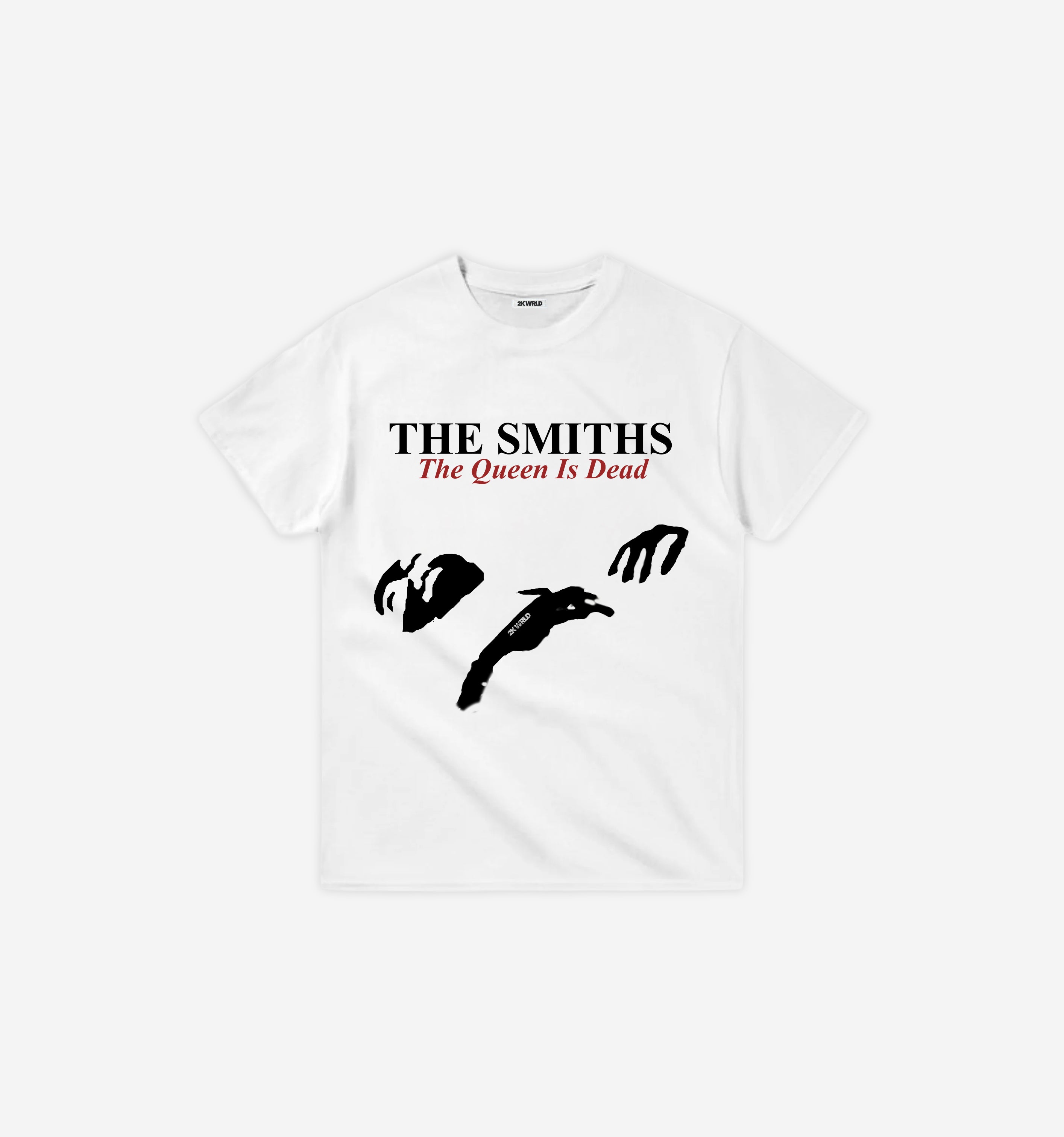 White t-shirt with 'The Smiths The Queen Is Dead' design on a white background