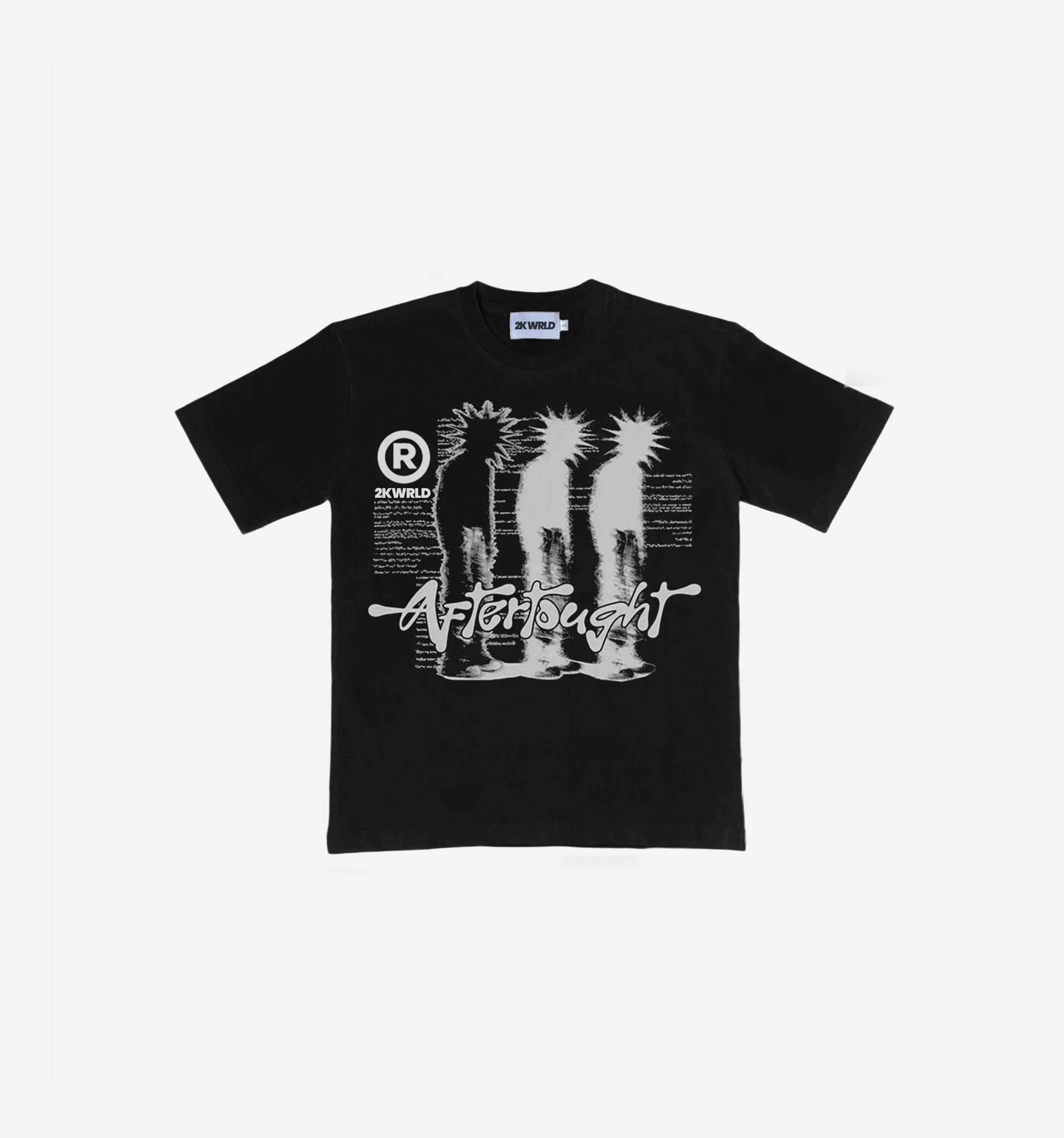 Black Aftertought T-Shirt by 2KWRLD, made from 200 GSM fabric, displayed flat showing the front design and logo.