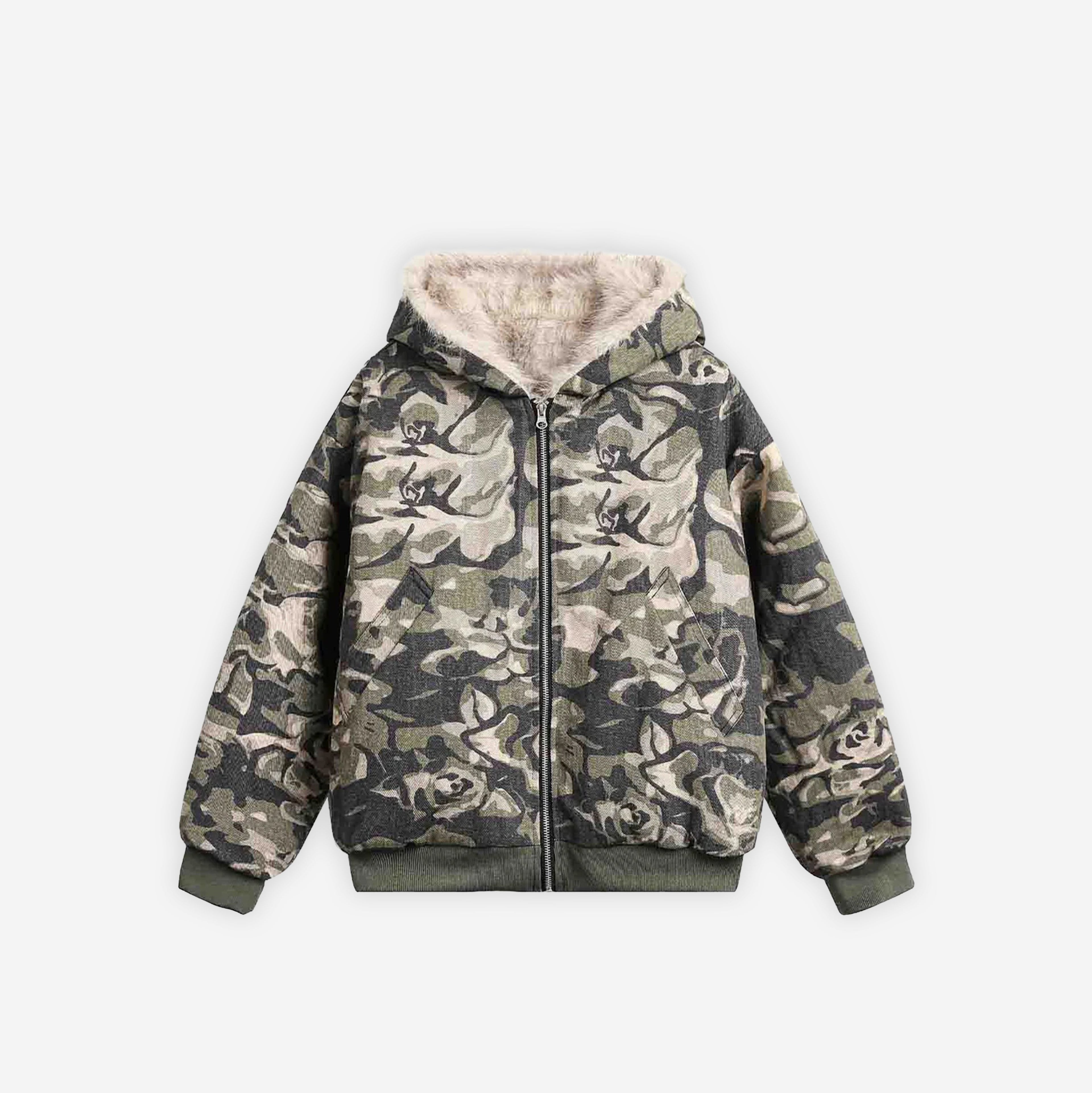 Cropped camo canvas jacket by 2KWRLD featuring a military-style print and adjustable waist on a hanger.