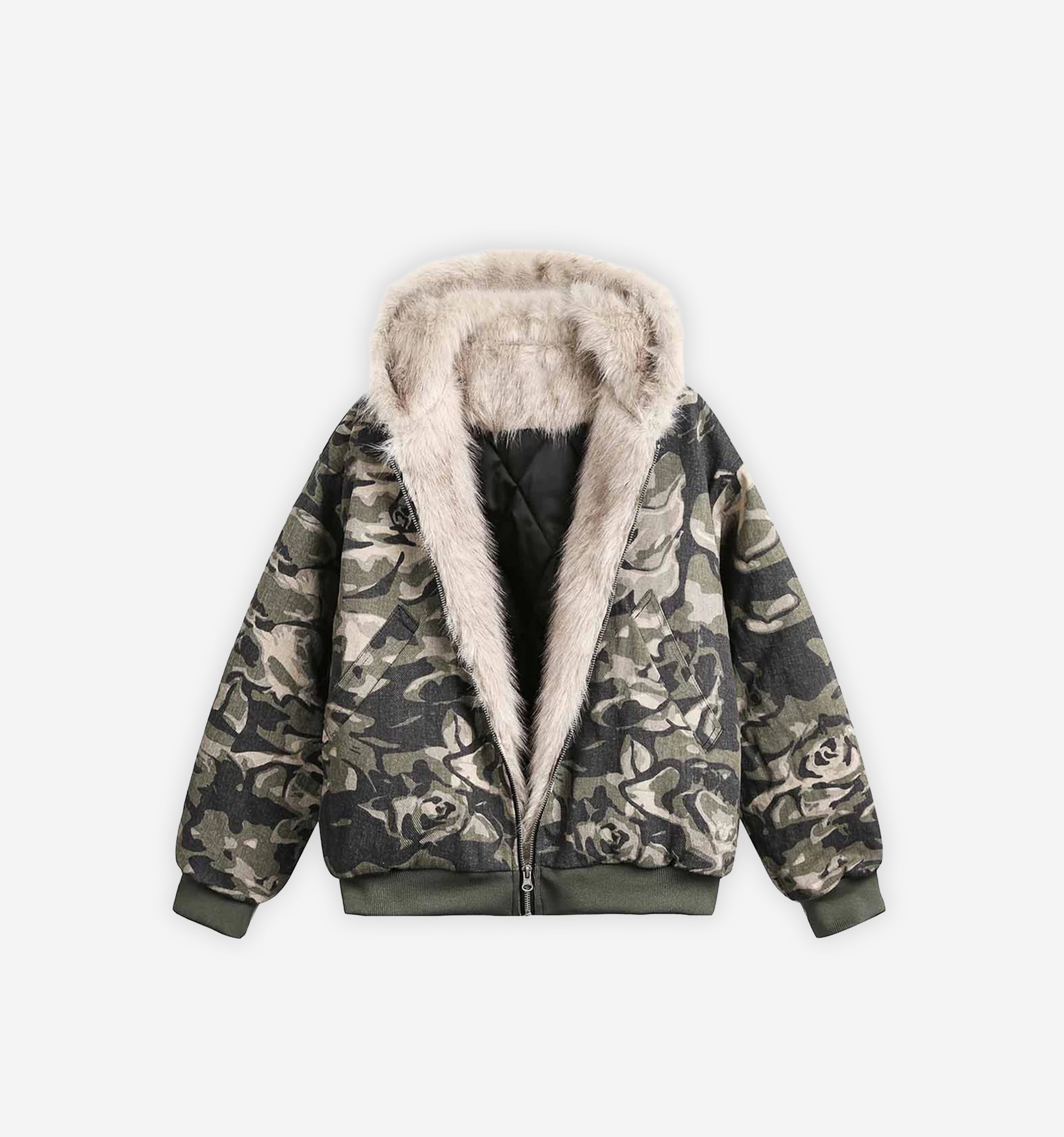 2KWRLD cropped camo canvas jacket shown on a hanger with front view and rolled-up sleeves, featuring a rugged, military-inspired style.