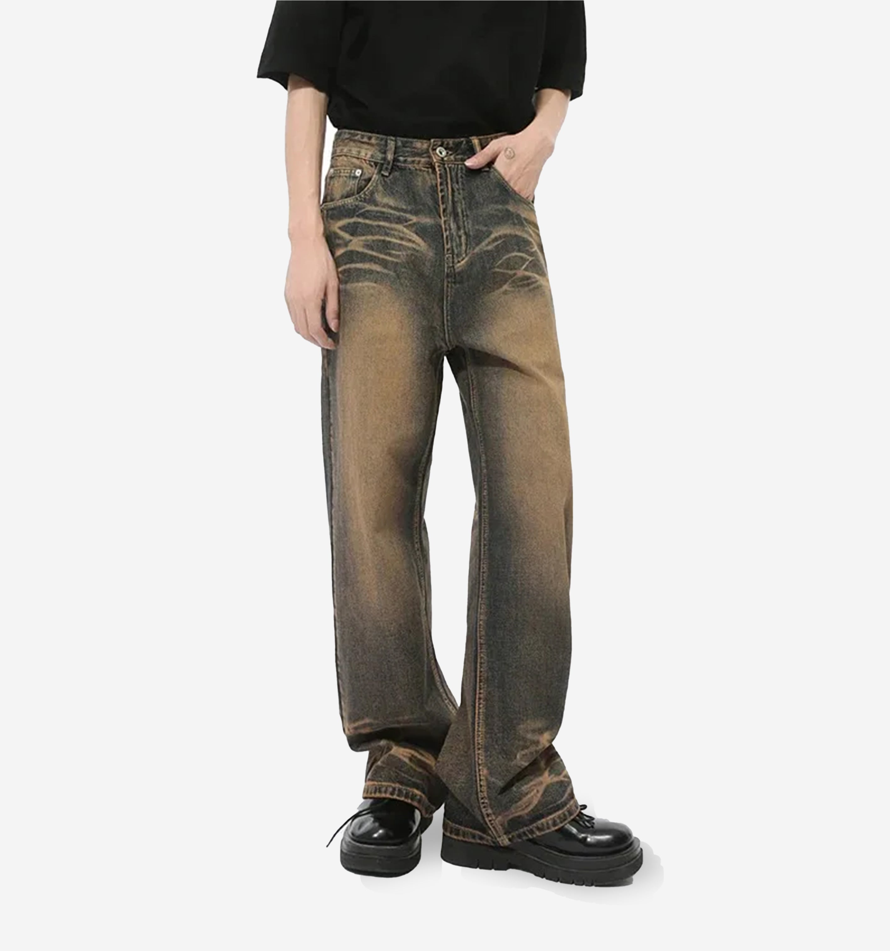 Pair of Desert Denim jeans from 2KWRLD featuring a classic blue wash and relaxed fit, displayed on a hanger.