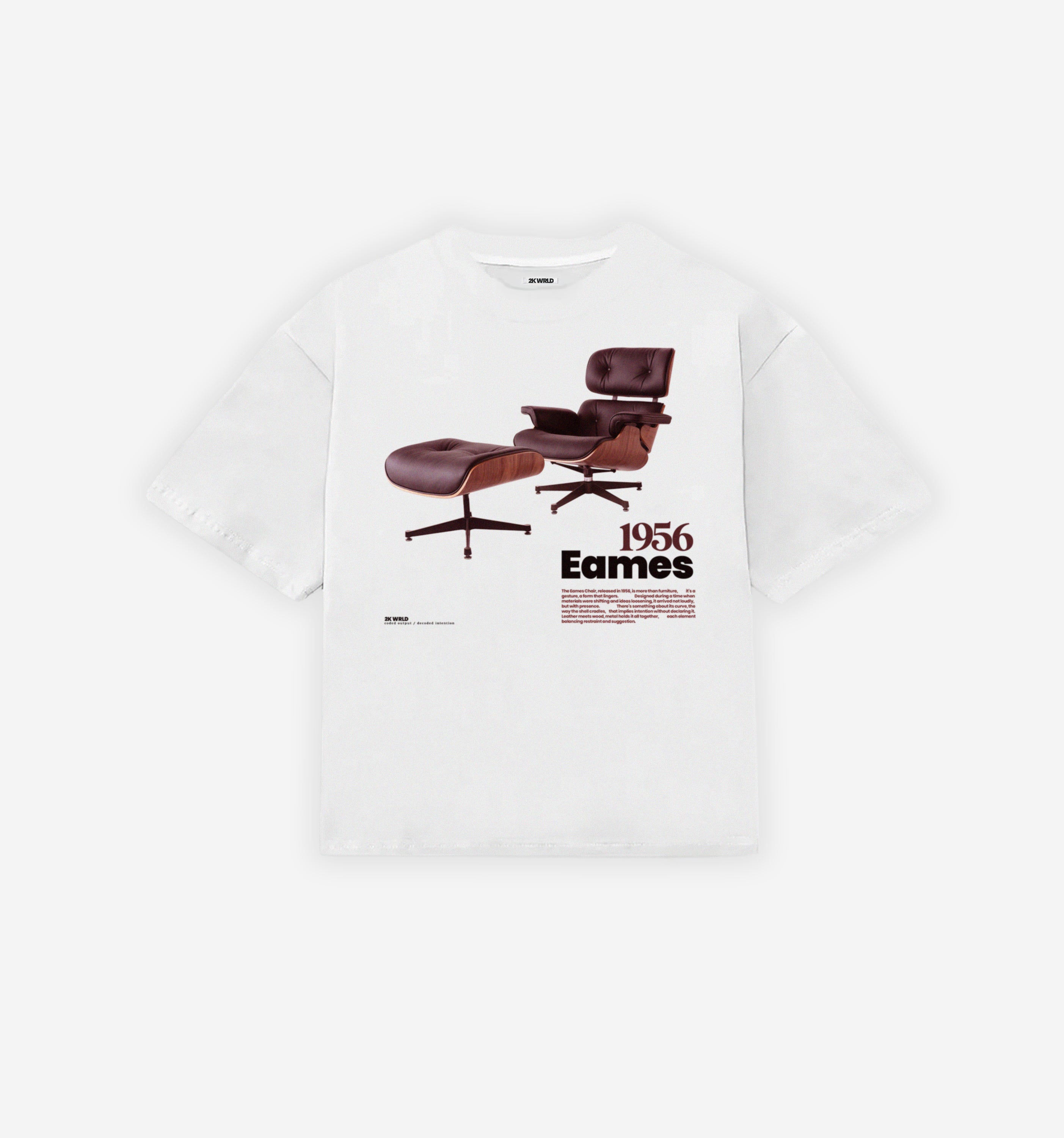 Eames Chair T-Shirt by 2KWRLD featuring a graphic of the iconic Eames chair on a 200 GSM cotton shirt.