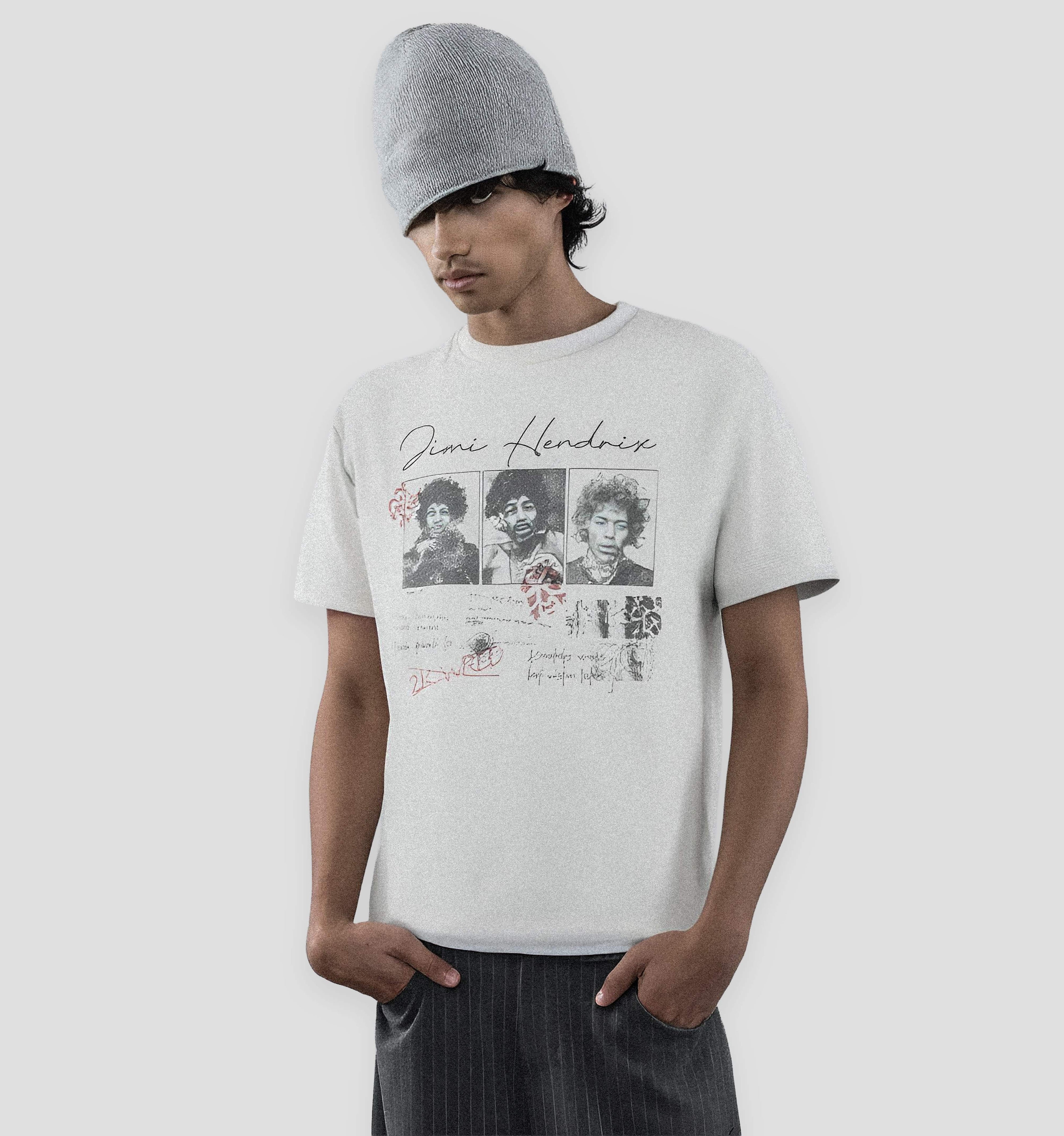 Black Jimi Hendrix T-shirt by 2KWRLD featuring a graphic print, made from 200 GSM cotton fabric, casual and stylish.