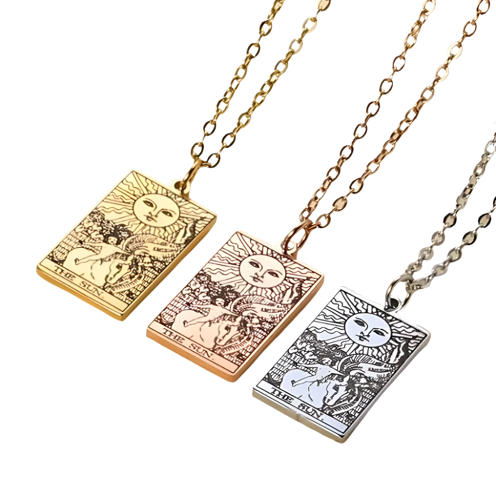 Gold Tarot Cards Necklace featuring the Wheel of Fortune design by 2KWRLD, showcasing a detailed, circular pendant with intricate tarot imagery.