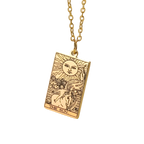 Gold Tarot Cards Necklace featuring The Wheel of Fortune design by 2KWRLD, showcasing intricate tarot card and wheel motifs.