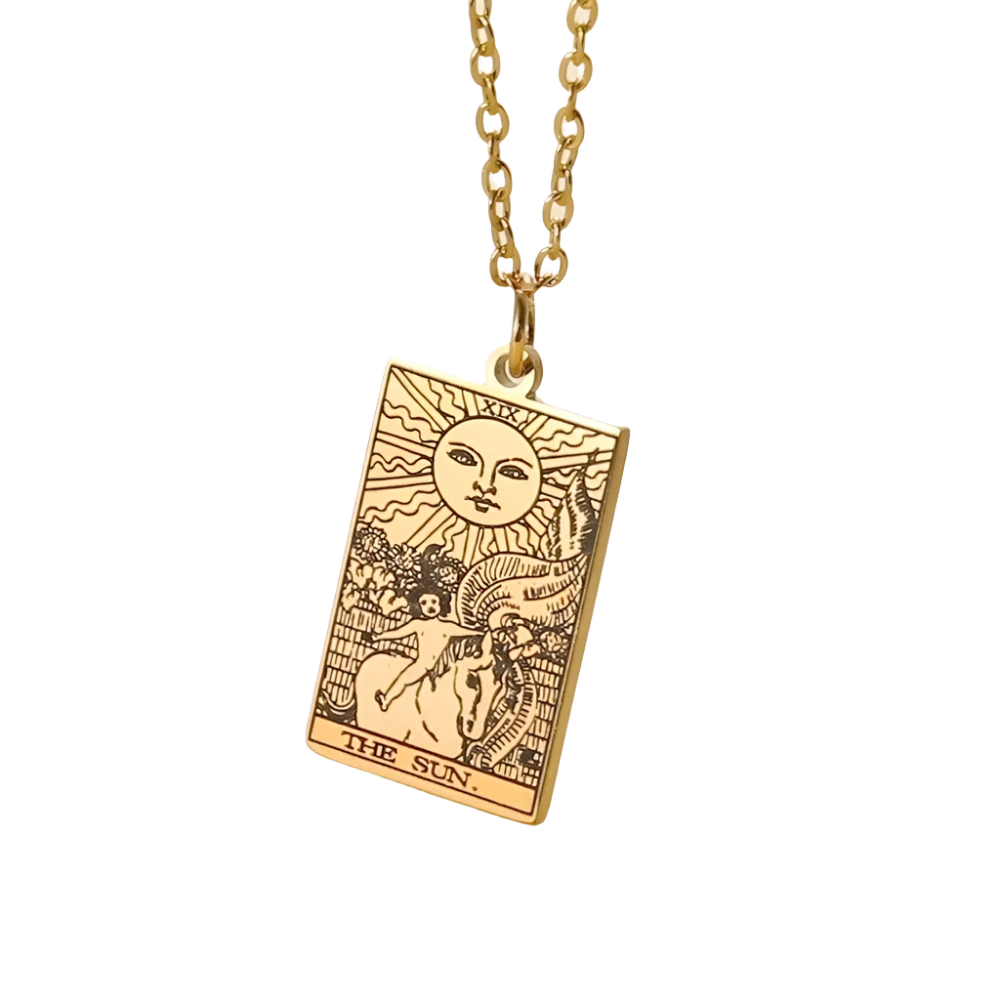 Gold Tarot Cards Necklace featuring The Wheel of Fortune design by 2KWRLD, showcasing intricate tarot card and wheel motifs.