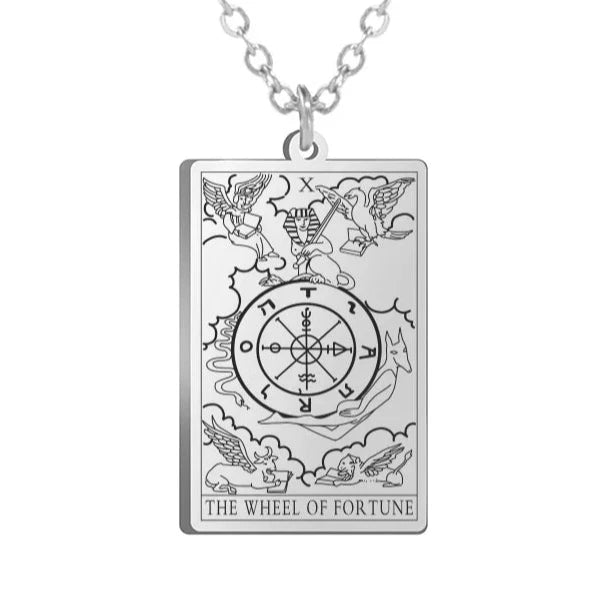 Gold Tarot Cards Necklace featuring The Wheel of Fortune design by 2KWRLD, with intricate card details and a polished finish.