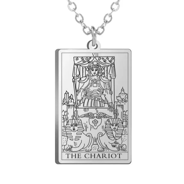 Gold Tarot Cards Necklace featuring The Wheel of Fortune design by 2KWRLD, with intricate detailing and a chain attachment.
