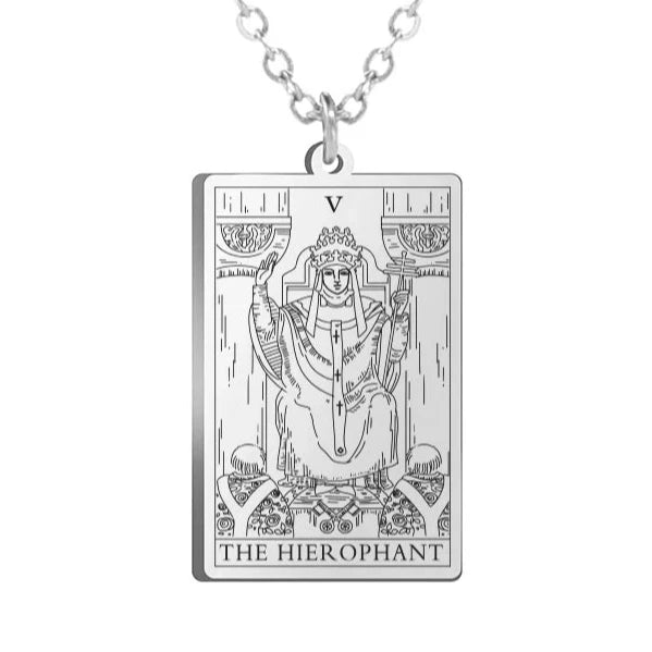Gold Tarot Cards Necklace featuring The Wheel of Fortune design from 2KWRLD, with detailed wheel and card motifs.