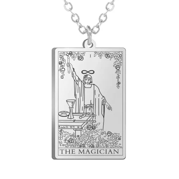 Gold Tarot Cards Necklace featuring Wheel of Fortune design by 2KWRLD, with intricate tarot card illustrations and a stylish chain.