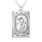 Gold Tarot Cards Necklace featuring the Wheel of Fortune design by 2KWRLD, showcasing intricate tarot card details.