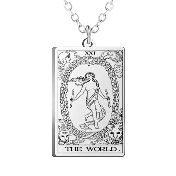 Gold Tarot Cards Necklace featuring the Wheel of Fortune design by 2KWRLD, showcasing intricate tarot card details.