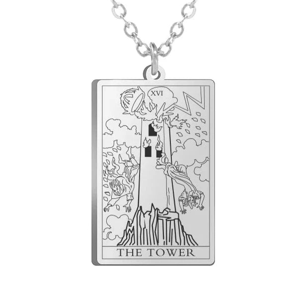 Gold Tarot Cards Necklace featuring Wheel of Fortune design by 2KWRLD, with intricate tarot card artwork on a chain.