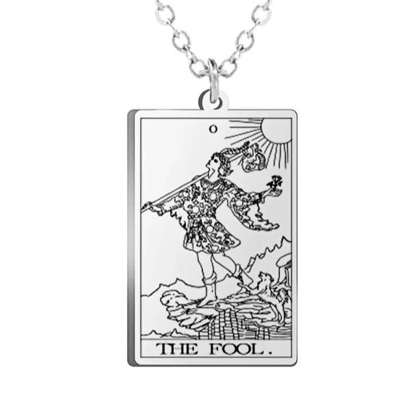 Gold Tarot Cards Necklace featuring the Wheel of Fortune design by 2KWRLD, with intricate tarot card details and a stylish chain.
