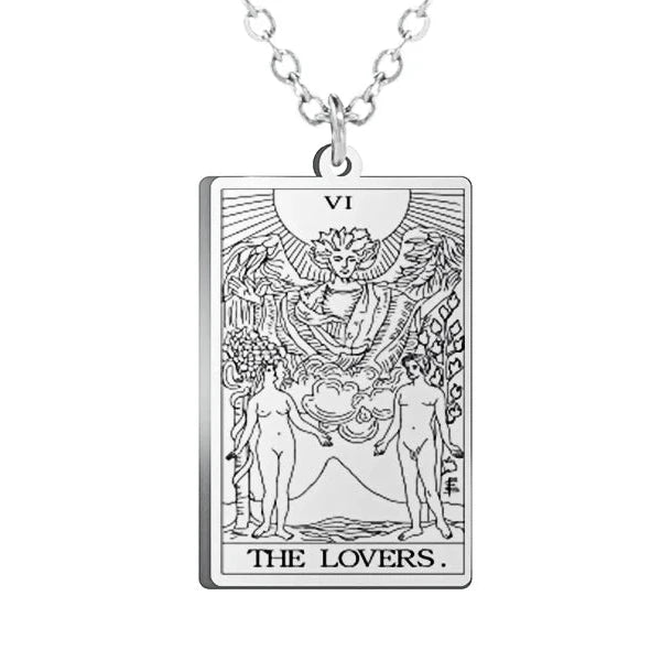 Gold Tarot Cards Necklace featuring The Wheel of Fortune design by 2KWRLD, with intricate tarot card details and a stylish chain.