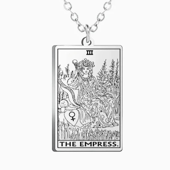 Gold Tarot Cards Necklace featuring The Wheel of Fortune design by 2KWRLD, with intricate details and a polished finish.