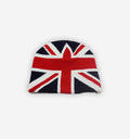 Union Jack beanie by 2KWRLD featuring bold red, white, and blue Union Jack flag design on soft knit fabric.