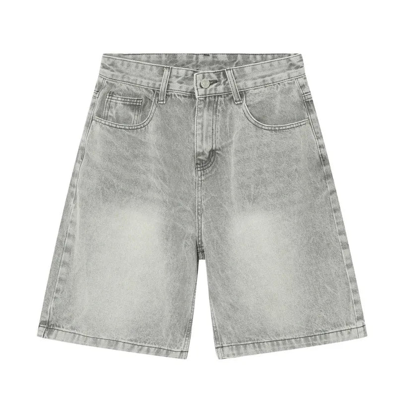 Washed medium-wash React Jorts by 2KWRLD featuring distressed denim and relaxed fit for casual summer style.