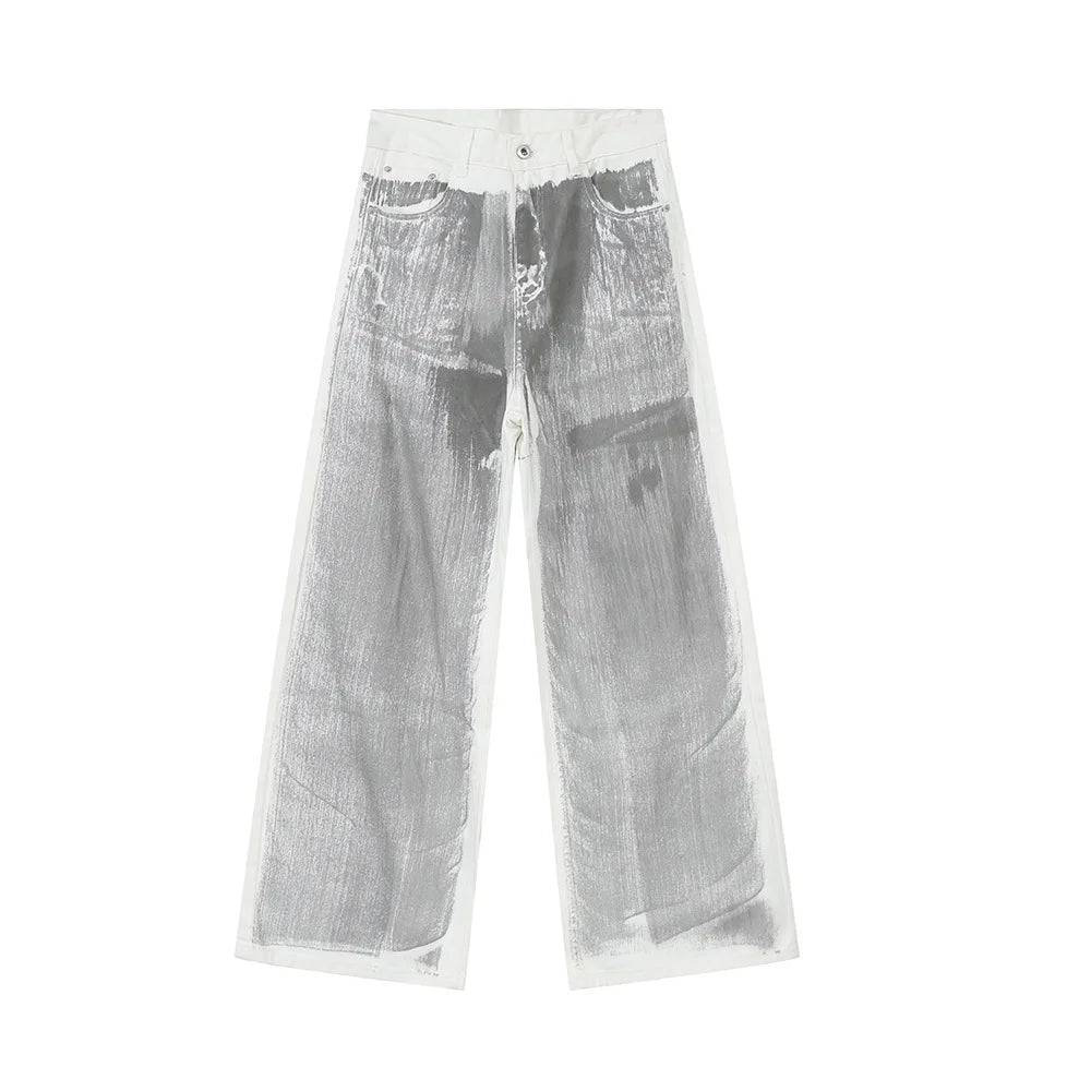 White Dirty Paint Denim jeans by 2KWRLD featuring distressed, paint-splattered design and slim-fit style.