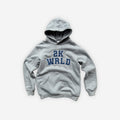 Light gray 2KWRLD College Hoodie in size XS with front kangaroo pocket and drawstring hood, casual and comfortable fit.