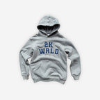 Light gray 2KWRLD College Hoodie in size XS with front kangaroo pocket and drawstring hood, casual and comfortable fit.